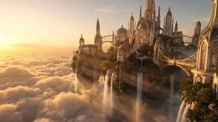 Obraz premium Majestic fantasy floating city above clouds at golden hour with waterfalls
