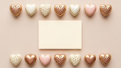 Pink heart shapes frame a mock-up blank postcard or greeting card on beige background. Banner template for celebration of love and romance for Valentine, Wedding, Anniversary Day with copy space.