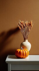 Geometric autumn decor with pumpkin and ceramic vase on modern table