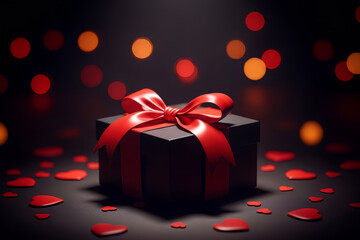 Black gift box with red ribbon and heart confetti on dark background with bokeh lights. Banner template of love present for Valentine's Day or anniversary with copy space.
