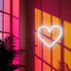 Glowing neon heart sign on a pink wall, casting shadows and light from a window. Design template of decorative light for romantic mood or greeting card design with copy space.