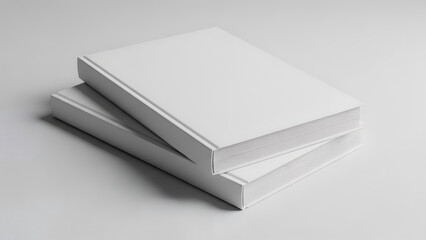 Two blank white books stacked on table. Empty cover and spine for mock up template design. Education and literature concept, copy space.