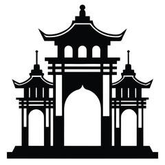 Minimalist Asian Shrine Gate Silhouette, Black and White Vector Art Illustration