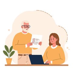 Senior man presenting checklist to young woman at a desk with laptop . Elderly set