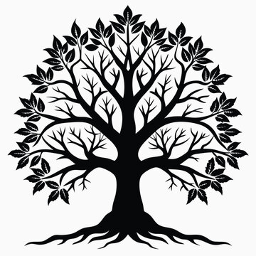 Mirrored Oak Branch Pattern Silhouette, Symmetrical Botanical Tree Vector Design