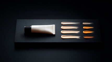 Skincare science: sunscreen tube and cream streaks on black background