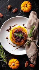 Autumn table setting with ceramic plate, pumpkin, and rosemary decor