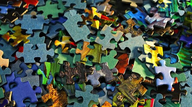Close up view of many bright, colorful jigsaw puzzle pieces forming an abstract background. Creative concept representing problem solving, teamwork, learning and strategic thinking.