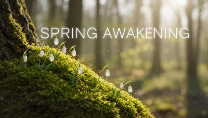 Snowdrop flowers blooming on mossy tree trunk in sunny spring forest with spring awakening text