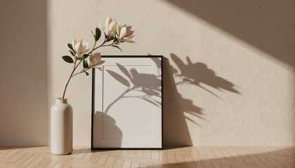 Blank picture frame leaning against textured wall next to magnolia flowers in ceramic vase with sunlight shadows