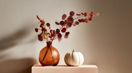 Elegant display of glass vase with autumn cotinus branch and white pumpkin