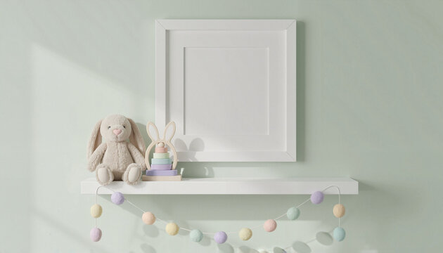 Blank square picture frame leaning on white shelf with plush rabbit and wooden toy in nursery room