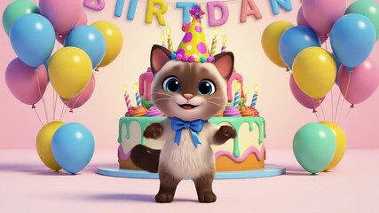 Cute cartoon cat wearing a party hat and bow tie, dancing with joy around a colorful birthday cake, surrounded by balloons, celebrating a special day in a whimsical illustration