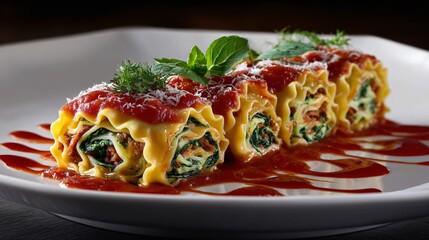 Fototapeta premium Chorizo and spinach lasagna rolls, neatly plated, tomato sauce drizzle, editorial look