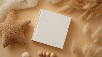 Minimalist children's book mockup with soft textures and natural elements