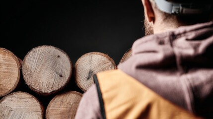 Worker inspecting logs in warehouse for quality control and safety compliance