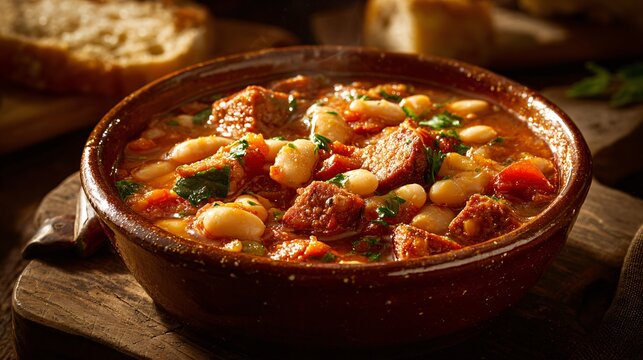Chorizo and white bean ragout, thick rustic texture, ceramic bowl, warm cozy light