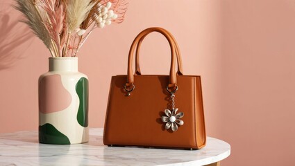 Elegant cognac leather handbag with silver flower charm for stylish fashion accessories