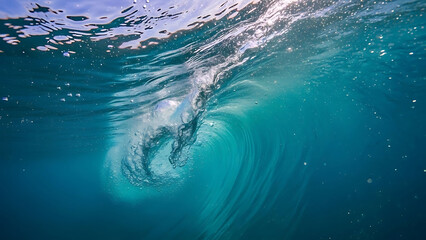 Underwater view of ocean wave crashing in clear blue water