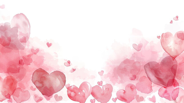 Soft pink watercolor hearts border a romantic background with copy space