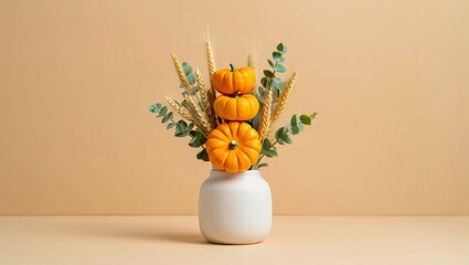 Minimalist thanksgiving centerpiece with mini pumpkins and wheat in vase