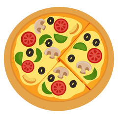 Italian Pizza with Pepperoni Olives and Peppers Top View Vector Illustration