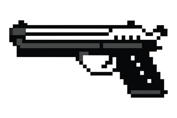 Obraz premium Black and White Pixel Art Silhouette of a Handgun Weapon for Action Video Games