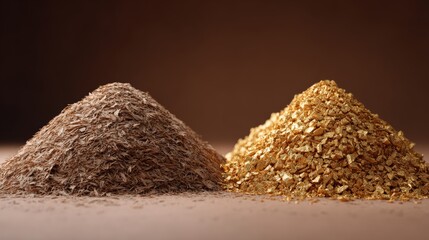 Two stunning piles of gold and shimmering materials side by side, showcasing intricate textures and rich colors, perfect for commercial use in luxury and wealth-themed projects