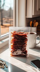 Dehydrated meat snack in transparent pack on kitchen table for quick and easy eating