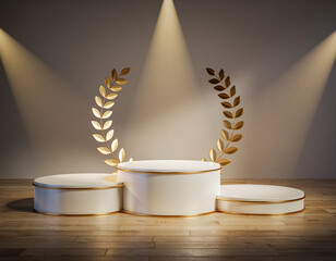 Pristine white award podium featuring golden laurel branches against a neutral backdrop. Unoccupied pedestals designated for first, second, and third-place winners. Ceremonial platform