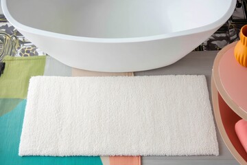 Minimalist white bathroom rug for modern home decor. Design mockup