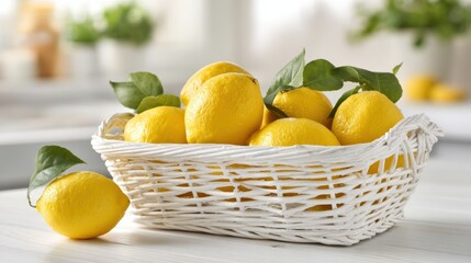 Lemon Basket Fresh Bright Yellow Fruits in White Wicker Basket on Kitchen Counter
