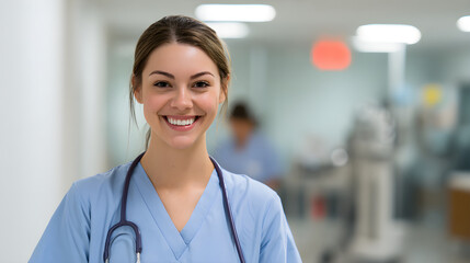 Healthcare worker smiling in hospital corridor wearing scrubs
