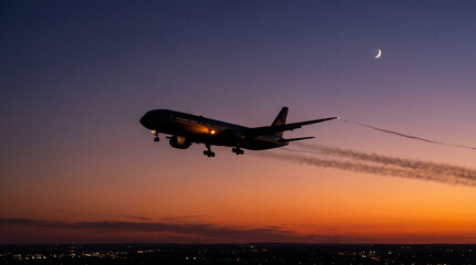 Passenger jet ascending during sunset with crescent moon in sky