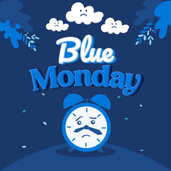 Blue vector graphic featuring sad clouds and a discouraged alarm clock, representing the gloomiest day of the year or winter blues