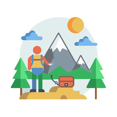 Obraz premium Flat design illustration of a hiker in a mountainous landscape scene
