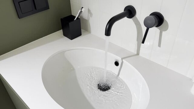Modern bathroom sink with black wall-mounted faucet and click-clack drain system filling with water.