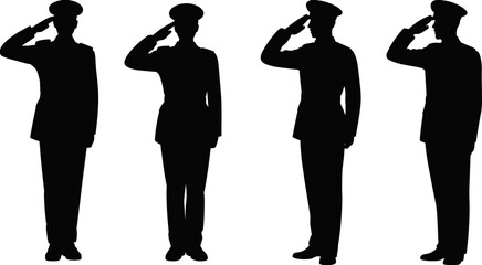 Set of black military soldier silhouettes saluting in uniform isolated on white background for veterans day memorial service or patriotic army concept