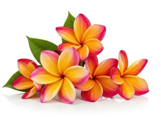Fototapeta premium Vibrant plumeria flowers with green leaves isolated on white background