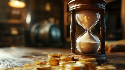 Hourglass on Coins Representing Time and Money