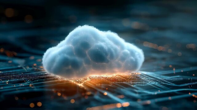 Futuristic glowing cloud icon on digital circuit board background, symbolizing modern cloud computing technology