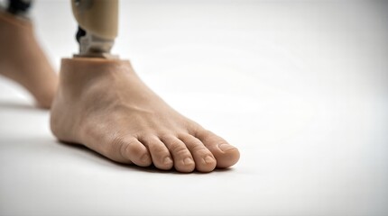 Prosthetic foot displayed on a neutral background, showcasing realistic design and texture, representing advancements in medical technology and rehabilitation solutions