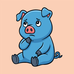 Thinking Blue Pig Illustration Character Vector Logo Template
