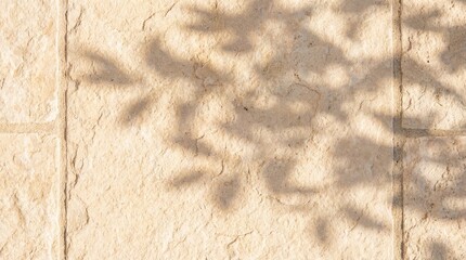 Light beige or cream stone background with blurred leaf shadows