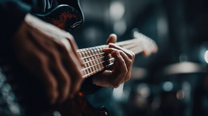 Fototapeta premium Close-up of Hands Playing Electric Guitar in Dark Studio with Focus on Strings and Fretboard