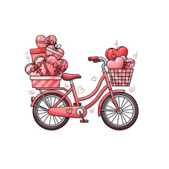 A pink bicycle with gifts and hearts in baskets on a transparent background for valentines day or love themed concepts and ideas isolated on transparent background