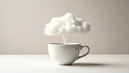 Surreal coffee cup with floating cloud steam on minimal background