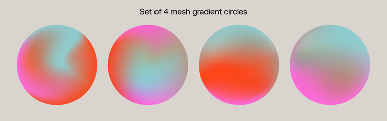 Abstract set of four gradient mesh circles with smooth color transitions in orange, pink, and light blue. Modern and minimal design suitable for backgrounds, web design, branding, social media, poster