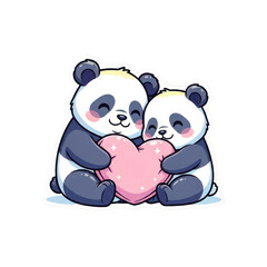 Two adorable cartoon pandas hugging a pink heart together happily isolated on transparent background