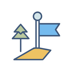 Flat icon illustration depicting a flag, a tree, and a patch of ground.